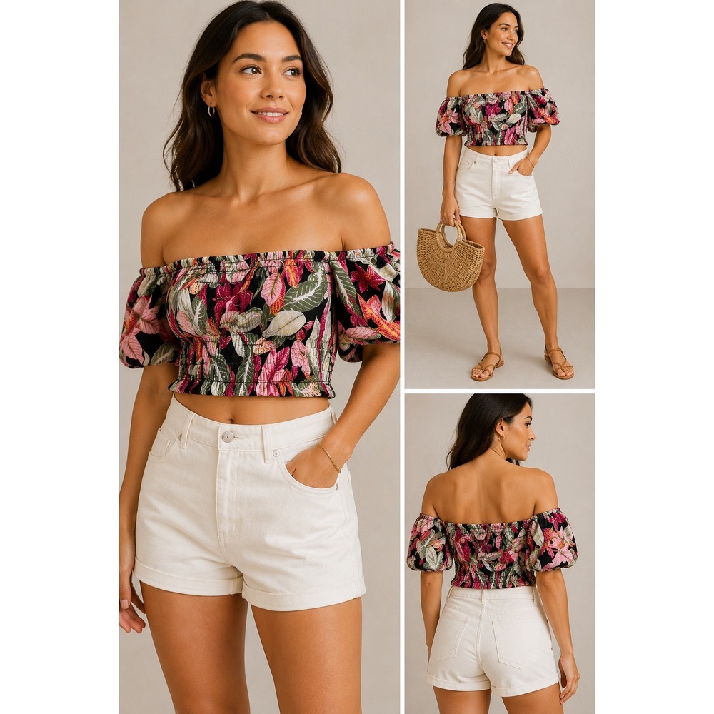 LOFT Beach Tropical Linen Puff Sleeve Off Shoulder Crop Top Floral Small